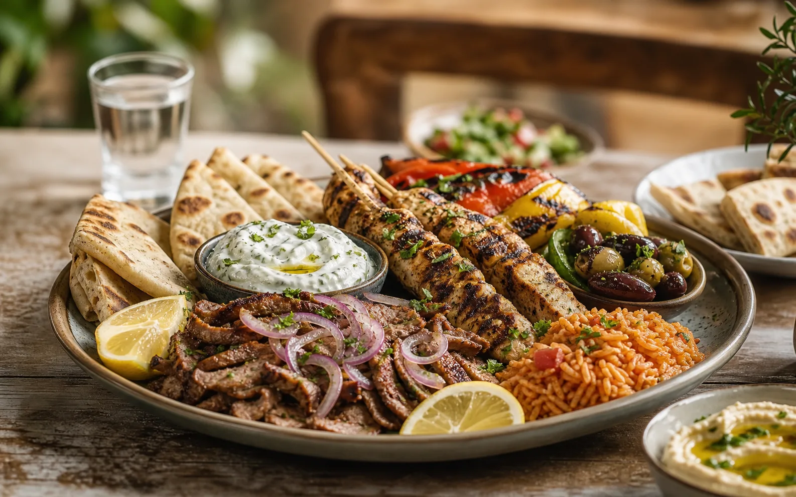 Große griechische Grillplatte mit Gyros, Souvlaki, Bifteki und Beilagen