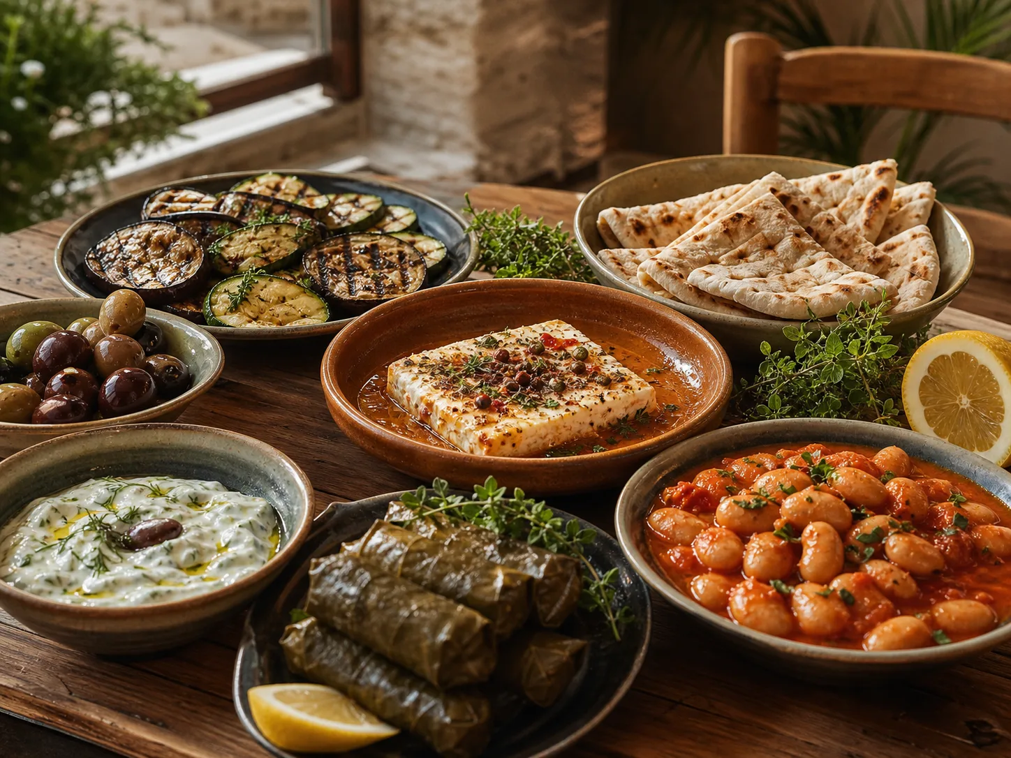 Vegetarische griechische Meze mit Feta, gefüllten Weinblättern und Dips